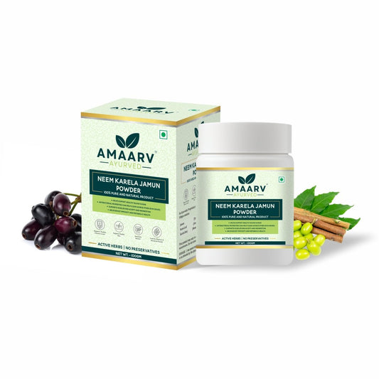 Neem Karela Jamun Powder (with 3 Essential Herbs) - Amaarv Ayurved