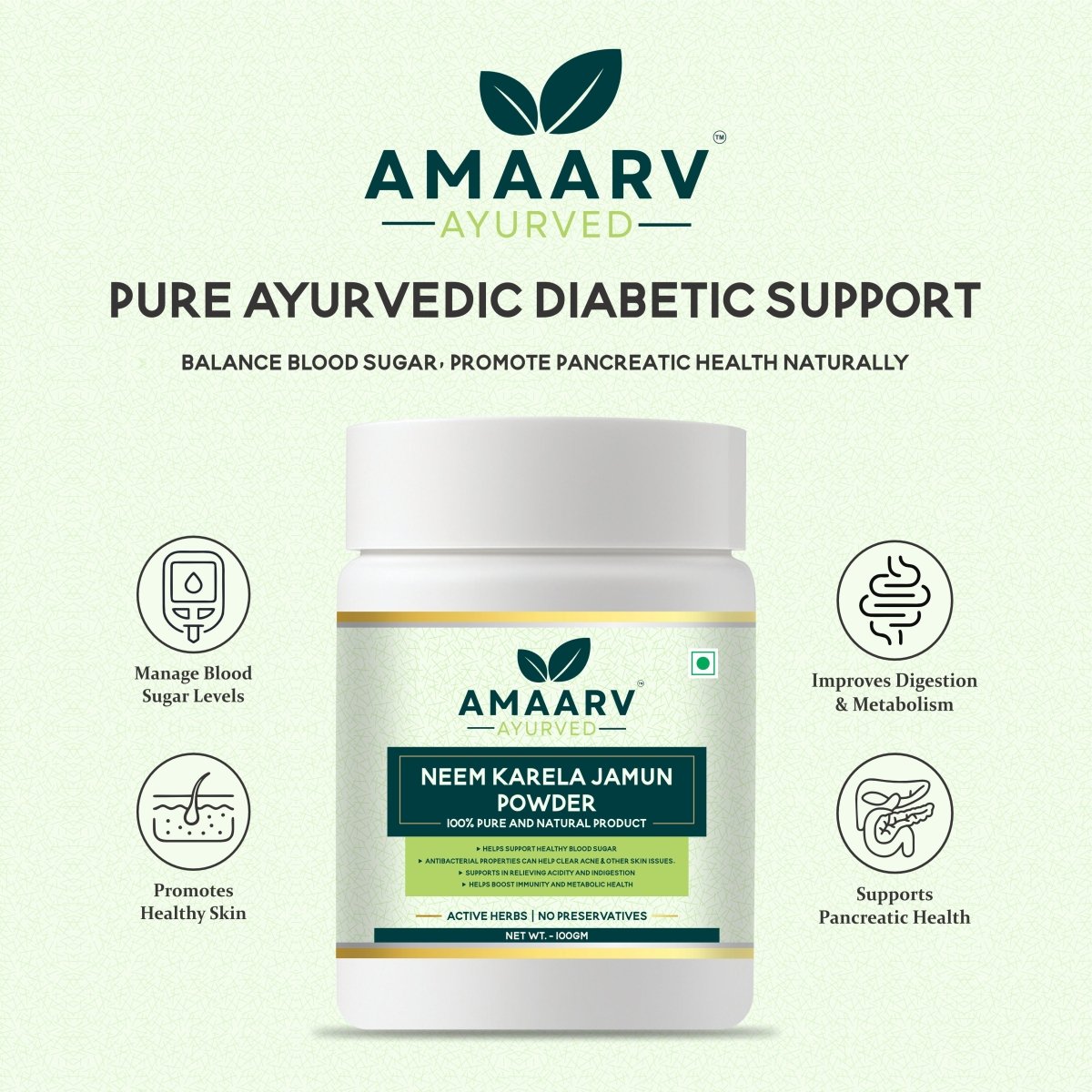 Neem Karela Jamun Powder (with 3 Essential Herbs) - Amaarv Ayurved