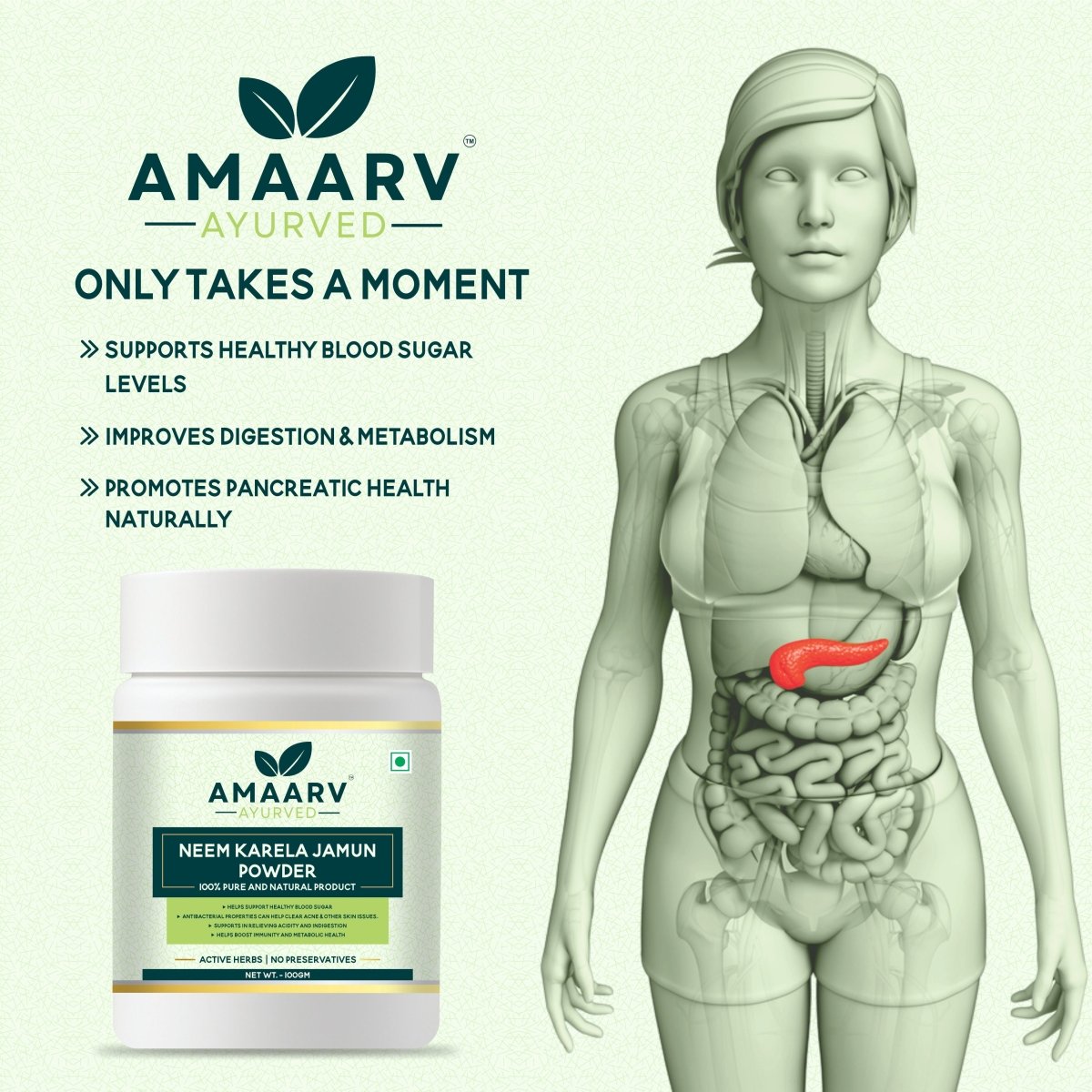 Neem Karela Jamun Powder (with 3 Essential Herbs) - Amaarv Ayurved